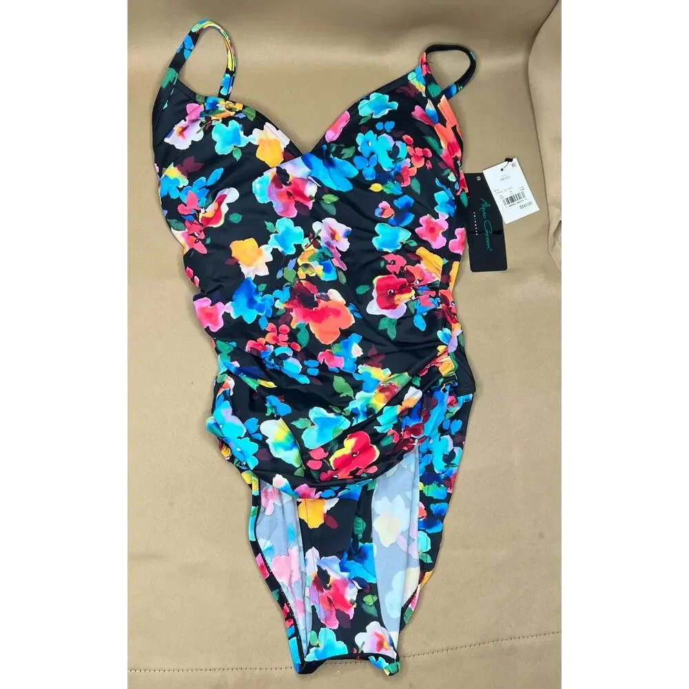 Aqua Green Black Floral One Piece S NWT